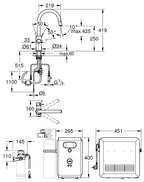 Grohe Blue Professional Arıtmalı İçme Suyu ve Soda Yapan Spiralli Eviye Bataryası- 31325002 teknik çizim