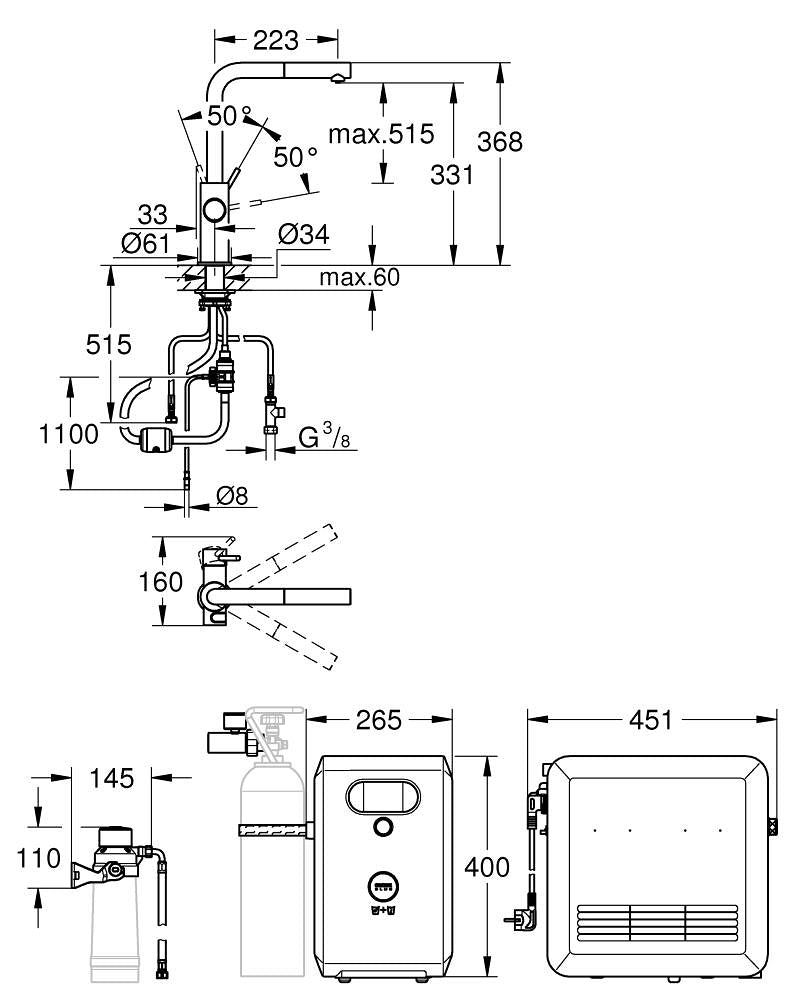 Grohe Blue Professional Arıtmalı İçme Suyu ve Soda Yapan Spiralli Eviye Bataryası- 31326002 teknik çizim