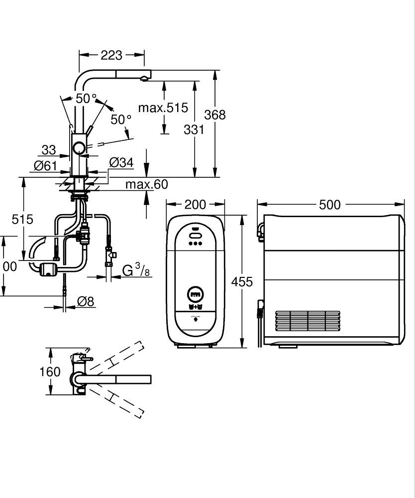 Grohe Blue Home L-Sp Pull-Out Mouss Eu - 31539000 teknik çizim