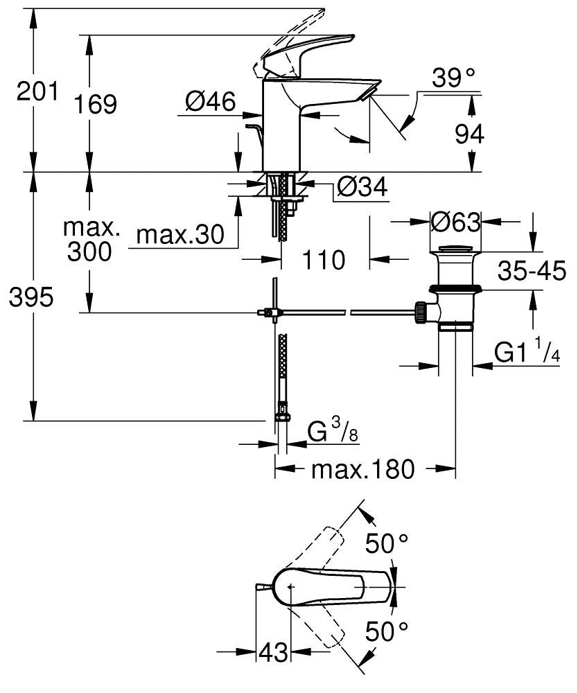 Grohe Eurosmart Tek Kumandalı Lavabo Bataryası S-Boyut-33265003 teknik çizim