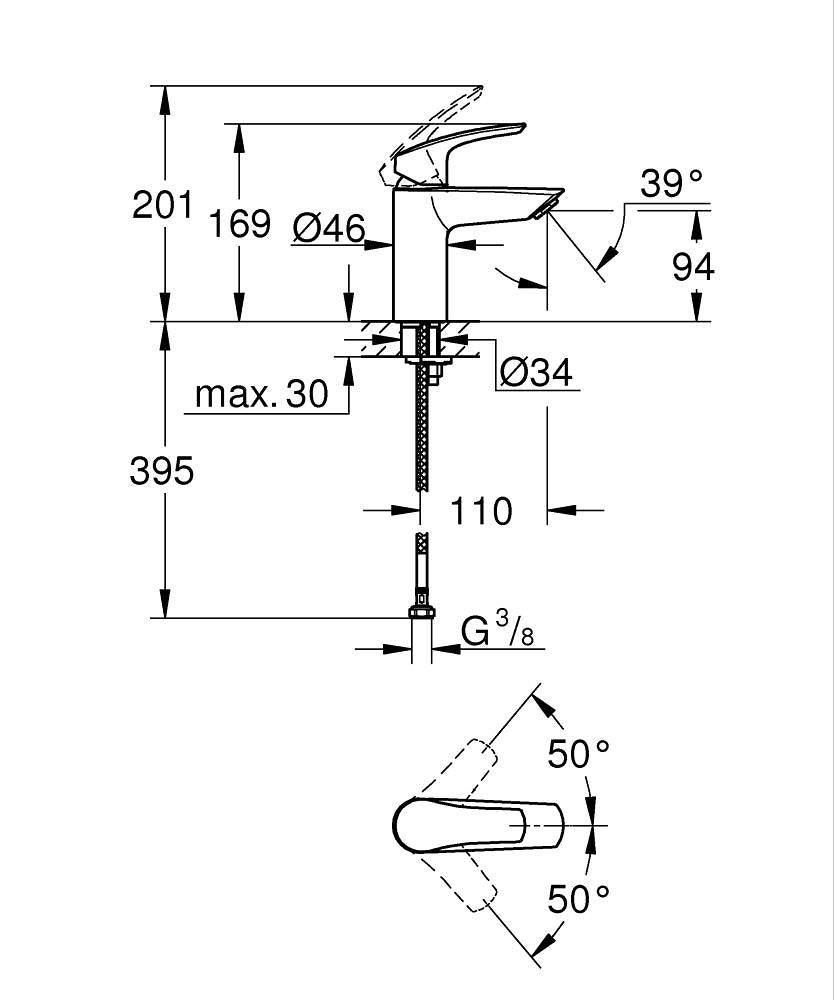 Grohe Eurosmart Lavabo Bataryası S-Boyut Krom - 32467003 teknik çizim