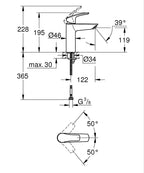 Eurosmart Tek Kumandalı Lavabo Bataryası M-Boyut Mat Siyah – 233242433 teknik çizim