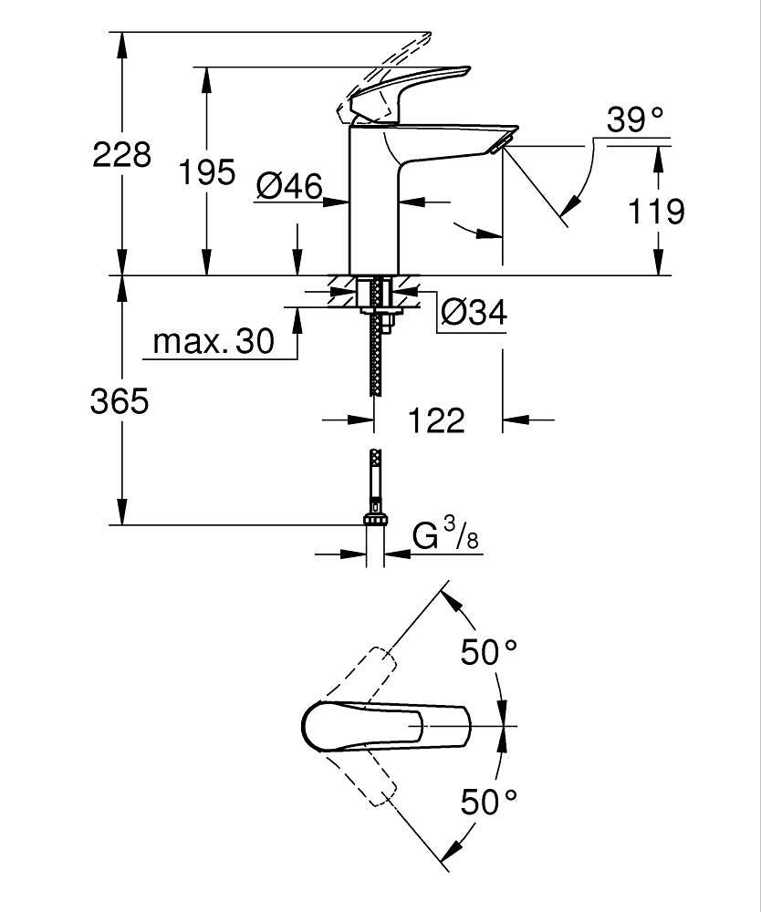 Eurosmart Tek Kumandalı Lavabo Bataryası M-Boyut - 23324003 teknik çizim