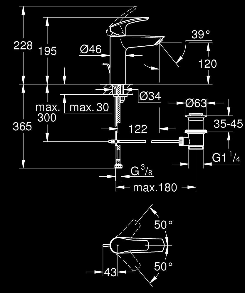 Grohe Eurosmart Tek Kumandalı Lavabo Bataryası 
M - Boyut - 23322003 teknik çizim