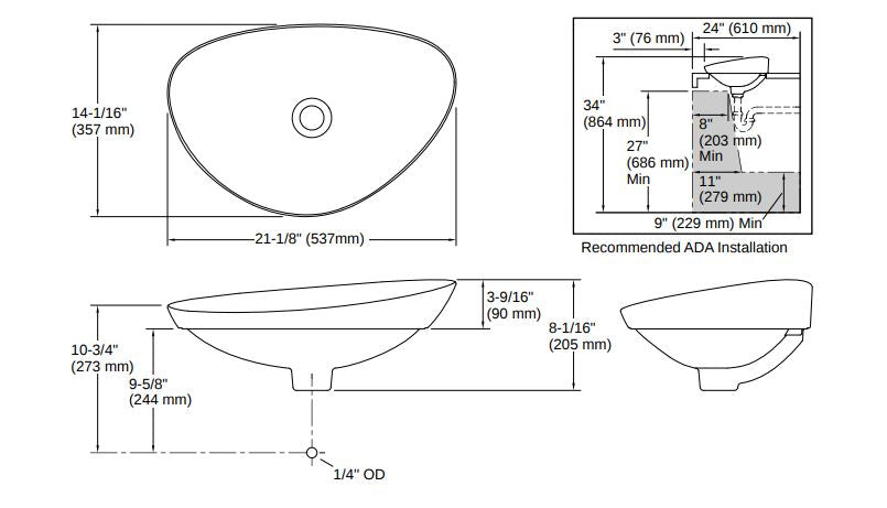 Kohler Lavabo Veil asimetrik çanak teknik çizim