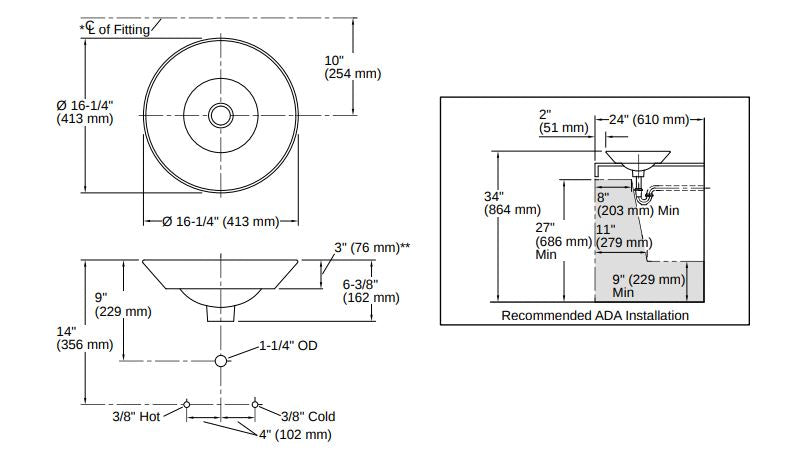 Kohler Lavabo Çanak Conical Bell teknik çizim