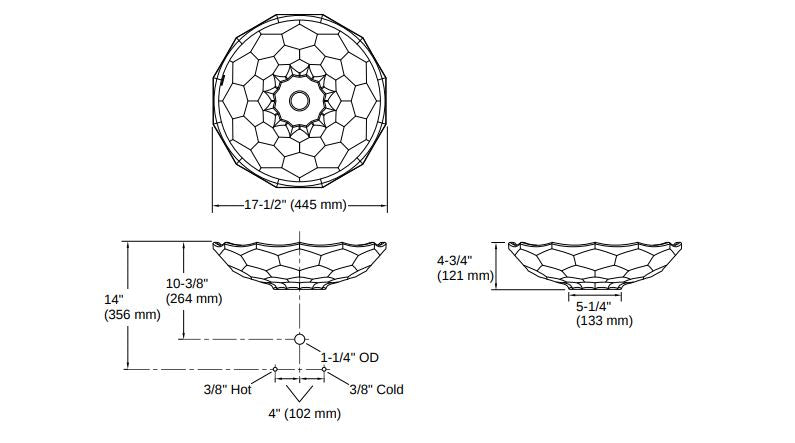 Kohler Lavabo Briolette cam çanak teknik çizim