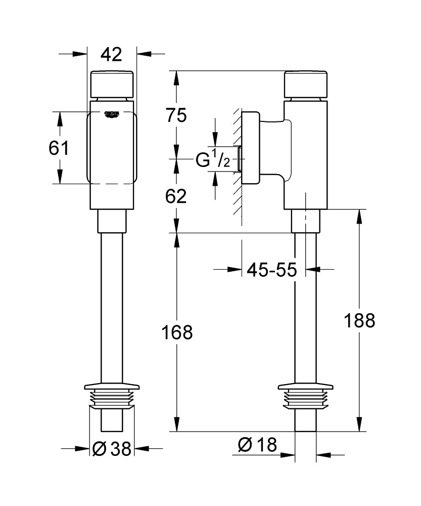 Grohe Rondo Basmalı Mekanik Pisuar Yıkama Sistemi Üstten Görünür Girişli - 37342000 teknik çizim