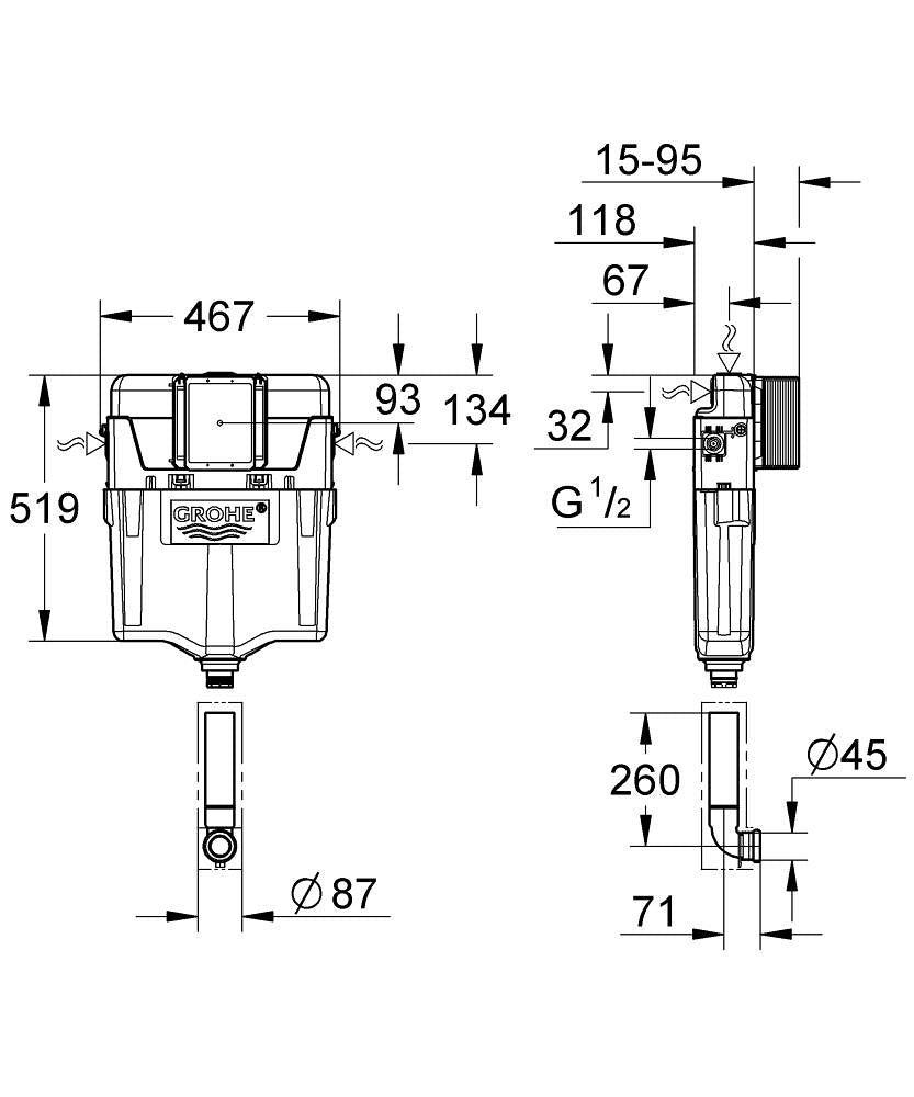 Grohe GD2 Gömme Rezervuar Helataşı İçin 12 cm - 38661000 teknik çizim