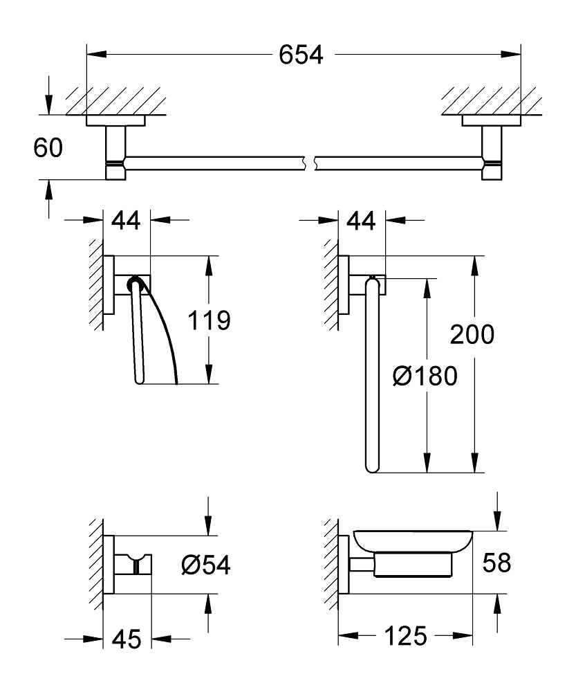 Grohe Essentials 5'İ Bir Arada Banyo Aksesuar Seti - 40344001 teknik çizim