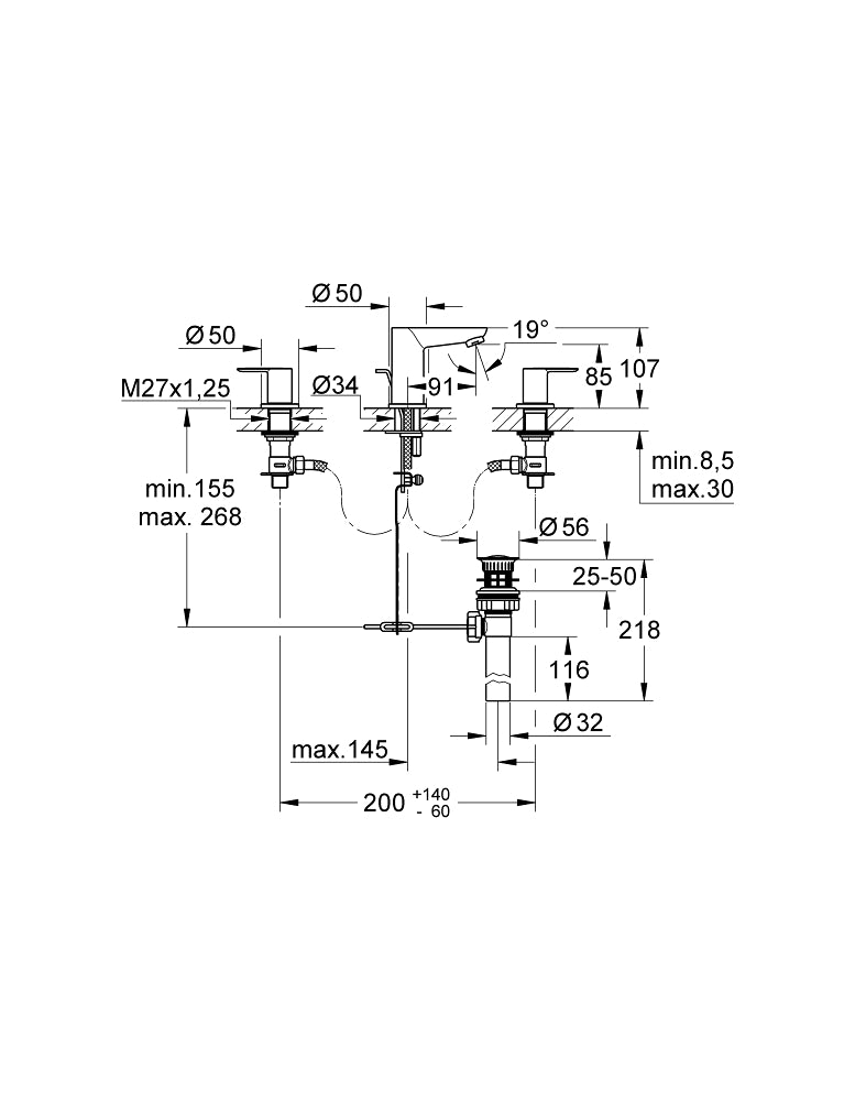 Grohe BauEdge 3 Delikli Lavabo Bataryası - 20197000 teknik çizim