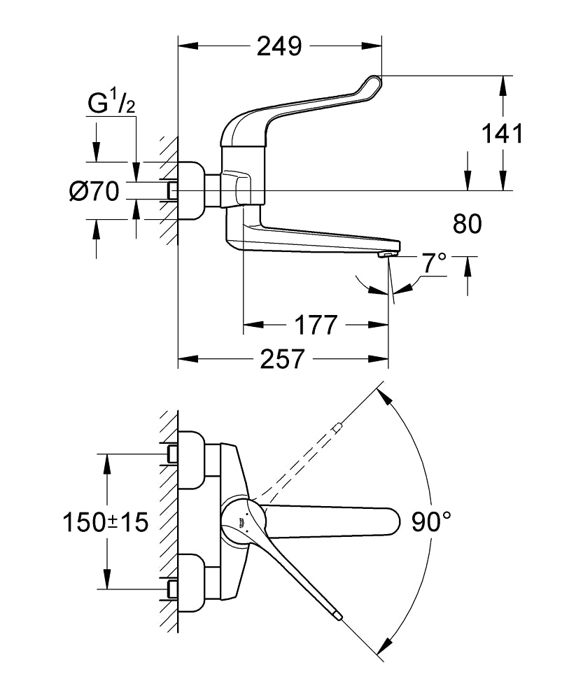 Grohe Euroeco Special SSC Uzun Kumanda Kollu Duvardan Ankastre Lavabo Bataryası - 32793000 teknik çizim