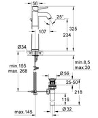Grohe Bau Classic Tek Kumandalı Lavabo Bataryası - 32868000 teknik çizim