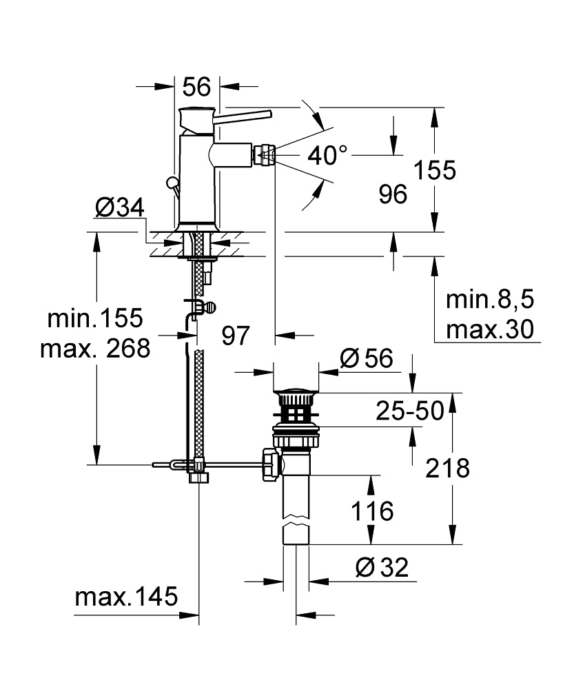 Grohe Bau Classic Tek Kumandalı Bide Bataryası - 32864000 teknik çizim