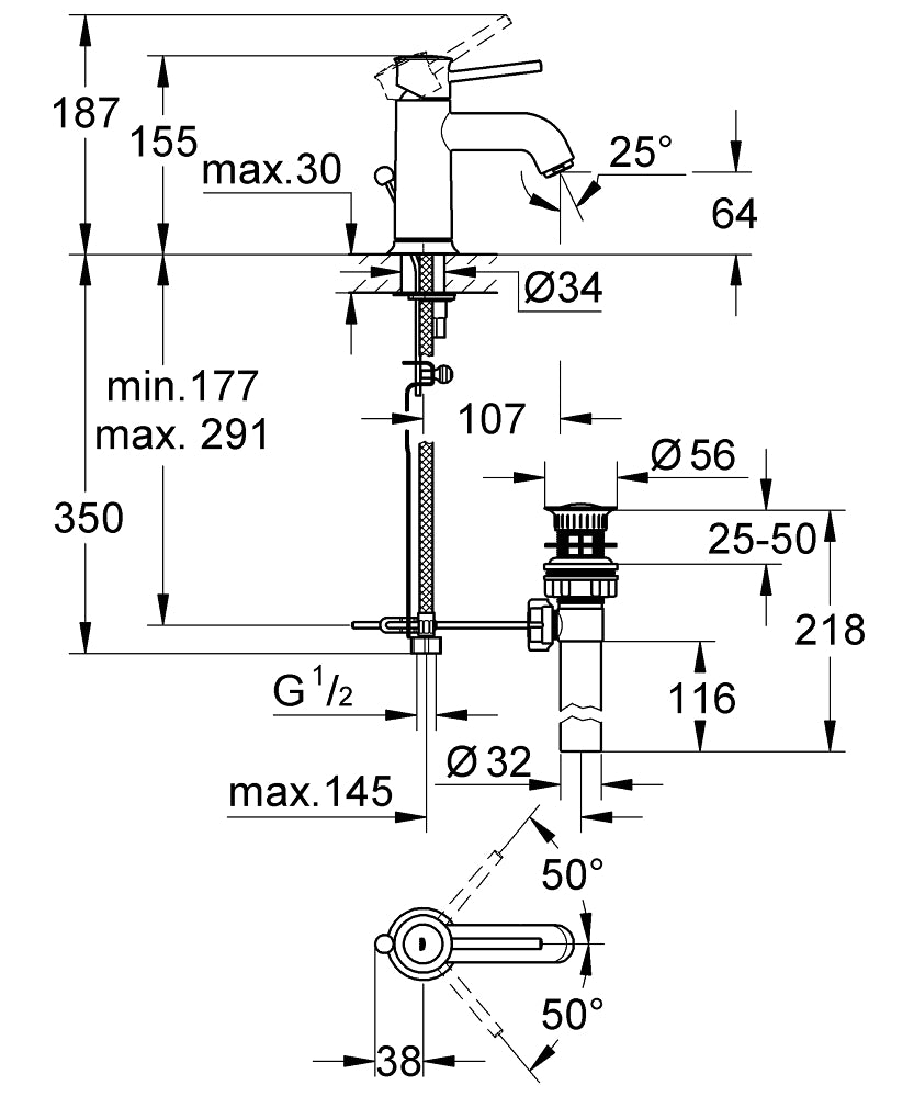 Grohe Bau Classic Tek Kumandalı Lavabo Bataryası - 32862000 teknik çizim