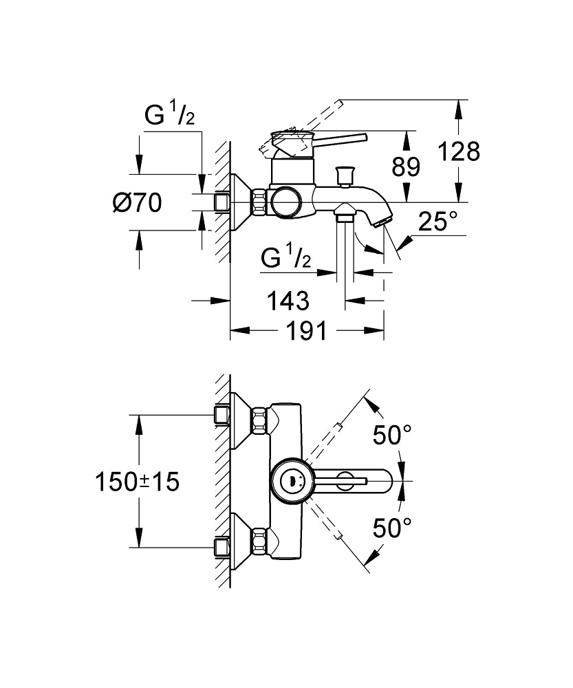 Grohe BauClassic Banyo Bataryası - 32865000 teknik çizim