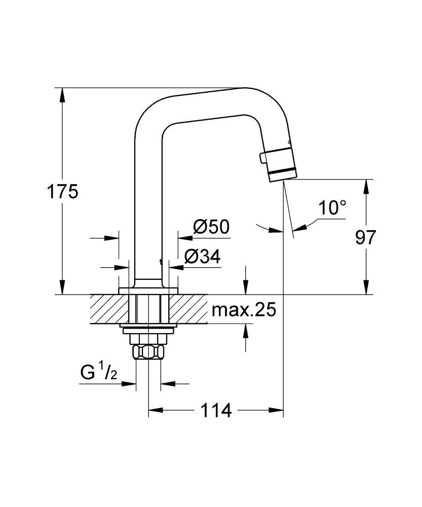 Grohe Lavabo Bataryası Tezgahtan Tek Akımlı Krom -20202000 teknik çizim