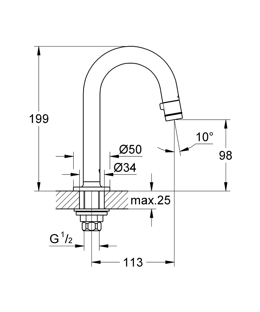 Grohe Lavabo Bataryası Tezgahtan Tek Akımlı Krom -20201000 teknik çizim