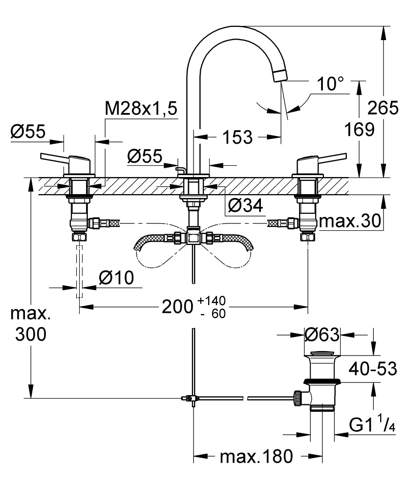 Grohe Concetto 3 Delikli Lavabo Bataryası - 20216001 teknik çizim