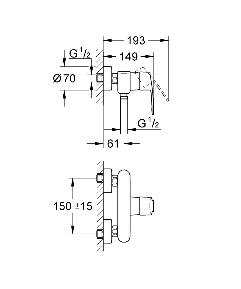 Grohe Eurostyle Cosmopolitan Tek Kumandalı Duş Bataryası - 33590002 teknik çizim
