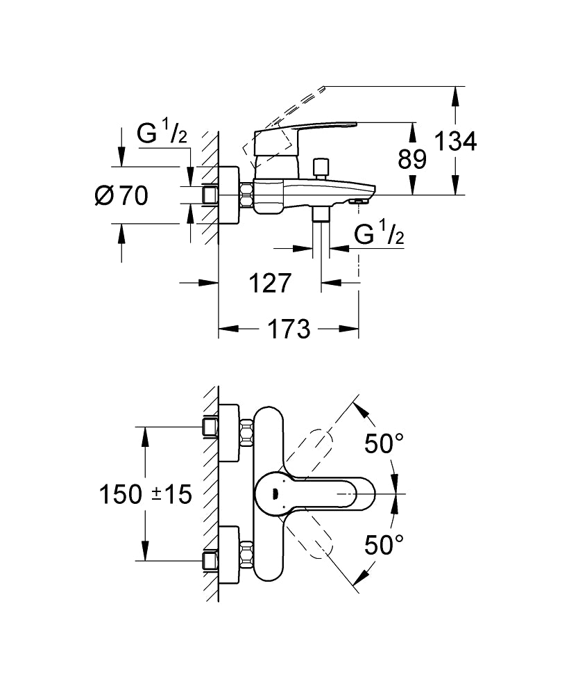 Grohe Eurostyle Cosmopolitan Tek Kumandalı Banyo Bataryası - 33591002 teknik çizim