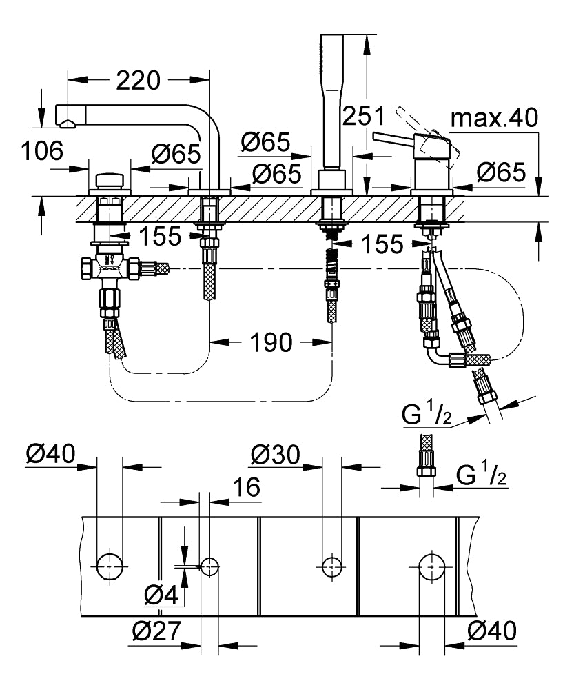 Grohe Concetto  4 Delikli küvet bataryası- 19576002 teknik çizim