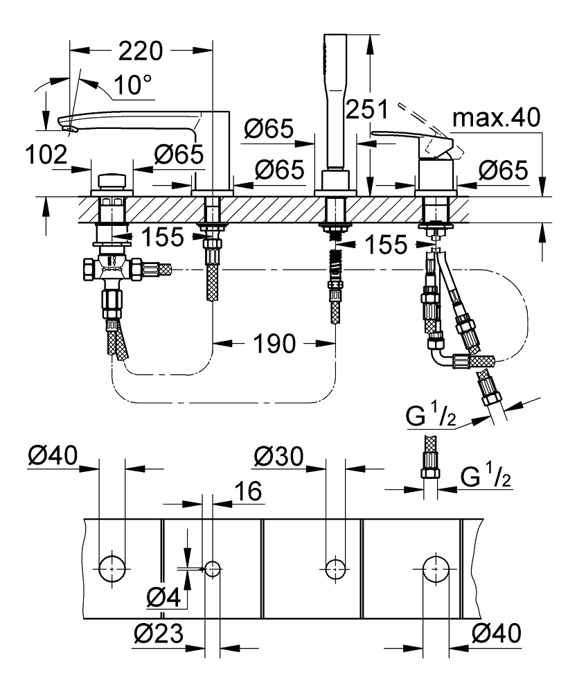 Grohe Eurostyle Cosmopolitan Dört Delikli Küvet Bataryası 23048003 teknik çizim