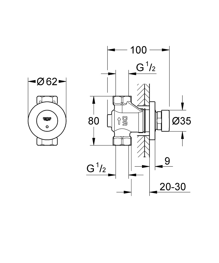 Grohe Euroeco Cosmopolitan T Zaman Ayarlı Ankastre Duş Valfi - 36268000 teknik çizim