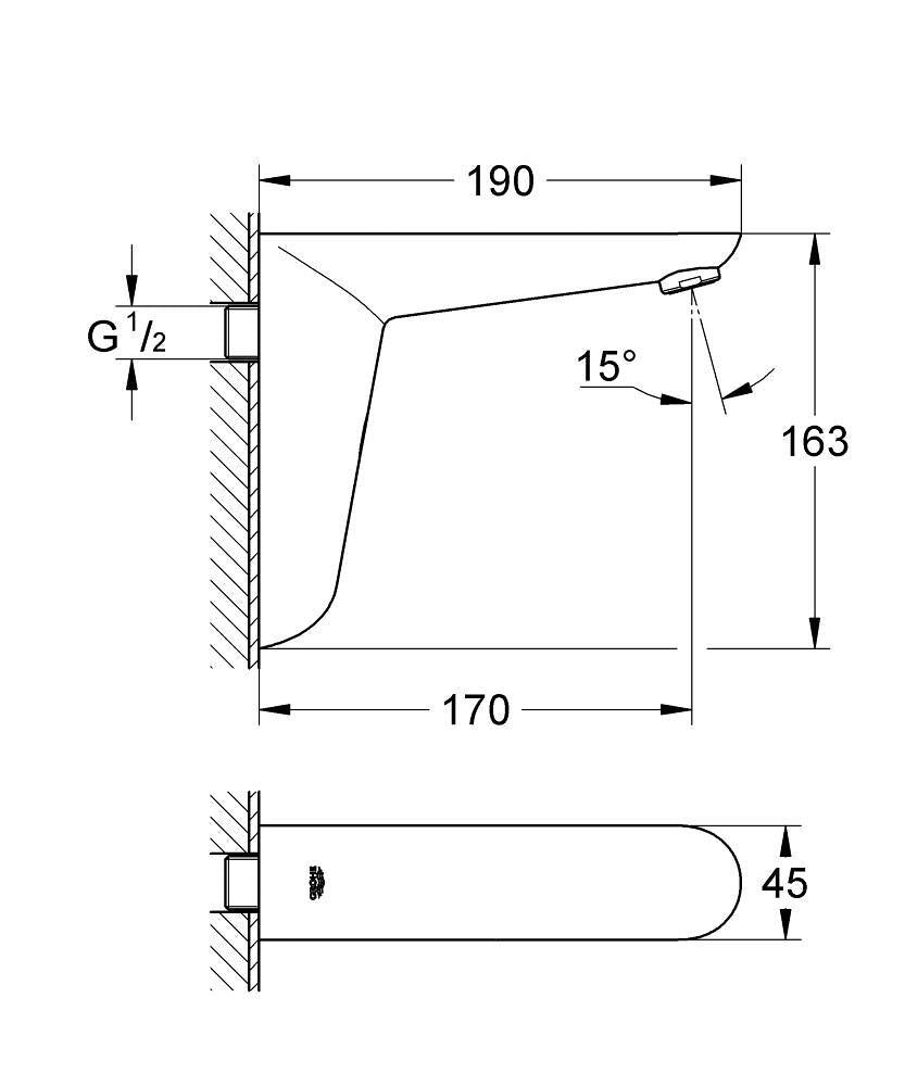Grohe Euroeco Cosmo Duvardan Fotoselli Lavabo Bataryası, Tek Su Girişli Pilli - 36274000 teknik çizim