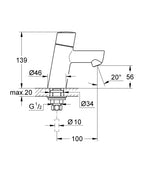 Grohe Lavabo Bataryası Concetto XS-Boyut Krom - 32207001 teknik çizim