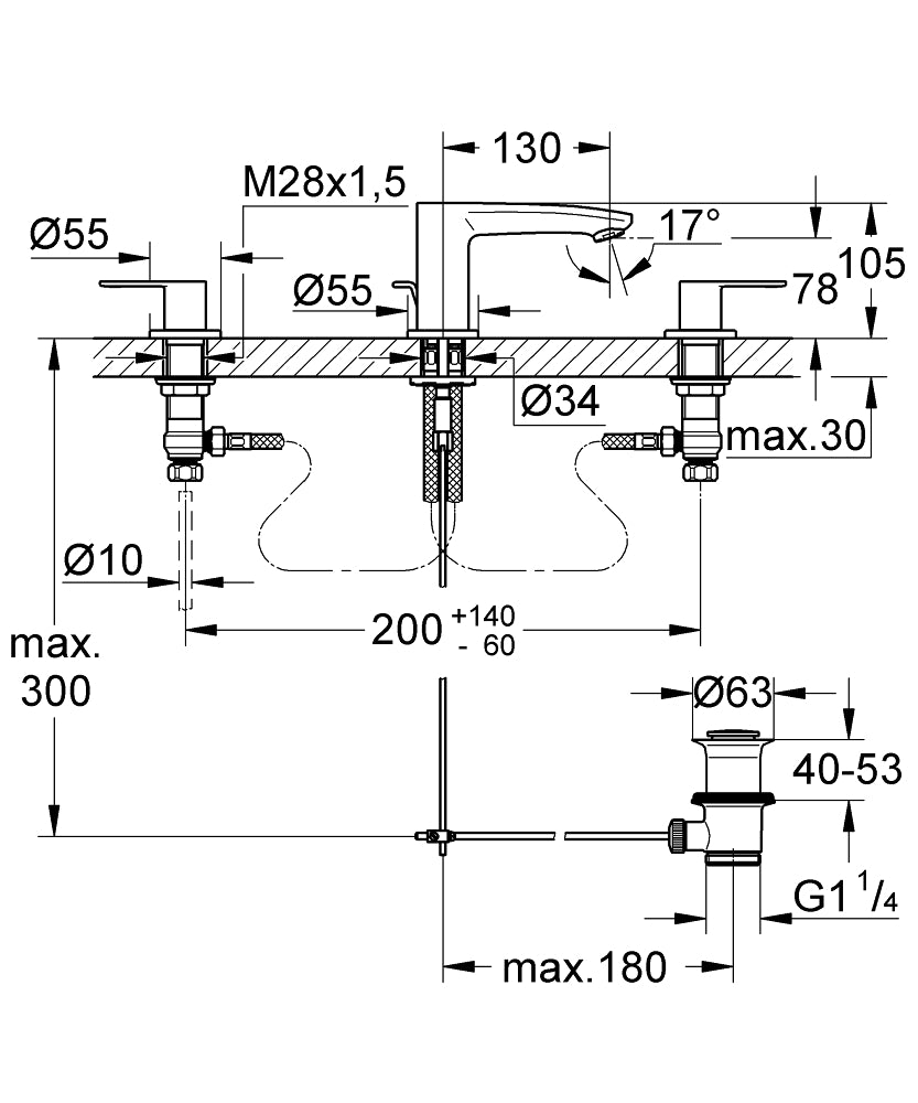 Grohe Eurostyle Cosmopolitan 3 Delikli Lavabo Bataryası - 20208002 teknik çizim