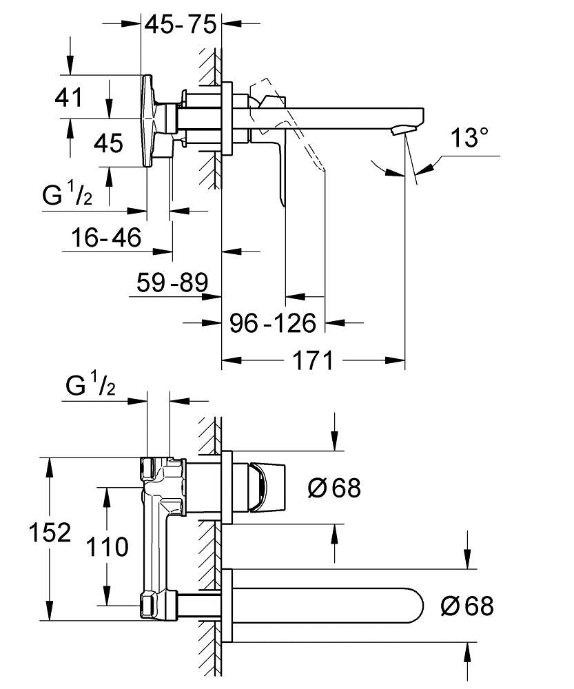 Grohe Bauedge İki Delikli Lavabo Bataryası 20474000 teknik çizim