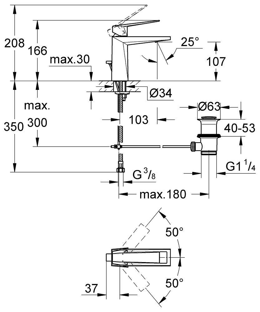 Grohe Allure Brilliant Lavabo Bataryası M Boyut - 24341000 teknik çizim