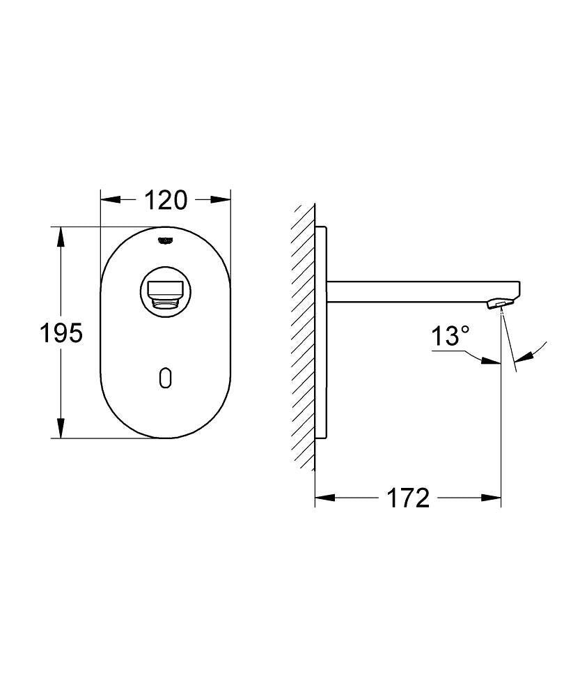 Grohe Euroeco Cosmopolitan EKızılötesi elektronik duvar lavabo bataryası, karıştırma cihazı olmadan teknik çizim