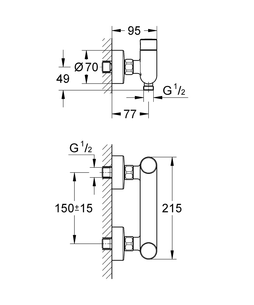 Grohe Eurosmart  Cosmopolitan  T Zaman Ayarlı Duş Bataryası 1/2″, Kelebek Ve Ayarlanabilir Sıcaklık  teknik çizim