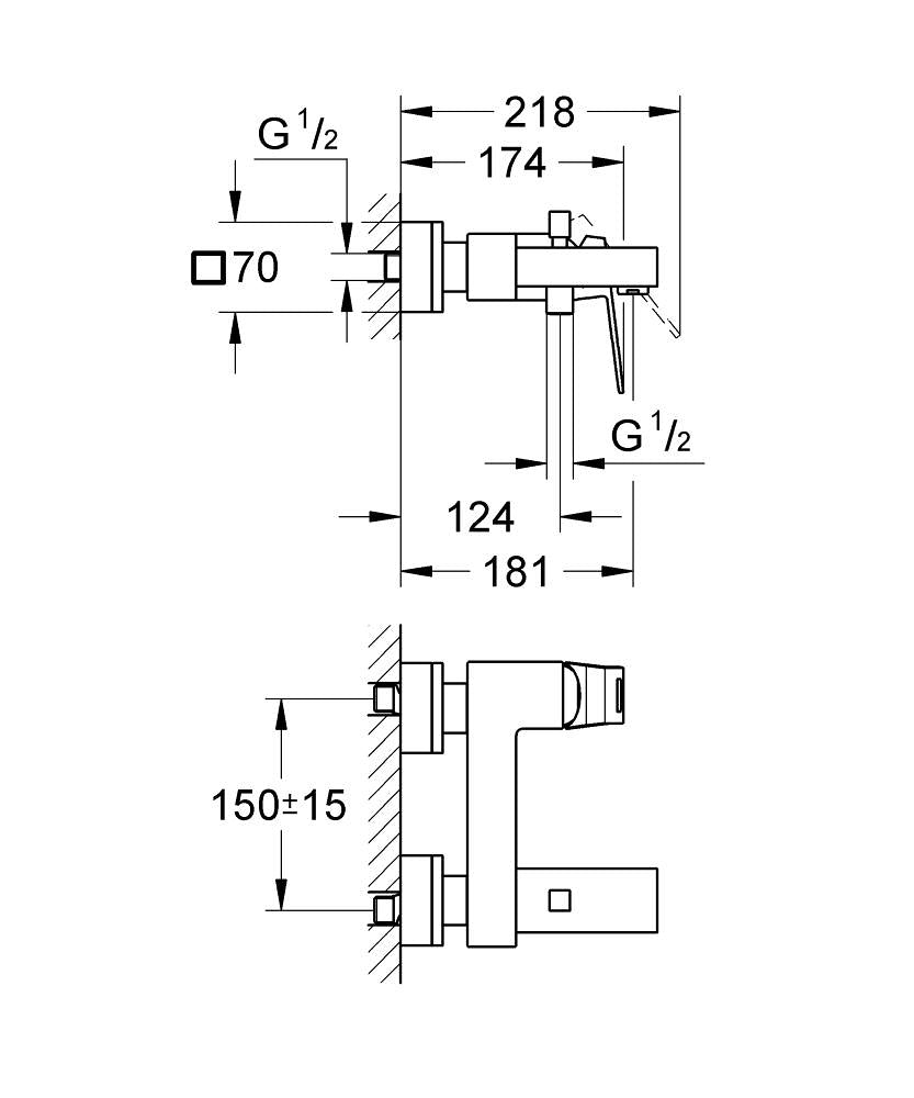 Grohe Eurocube Tek Kumandalı Banyo Bataryası - 23140000 teknik çizim