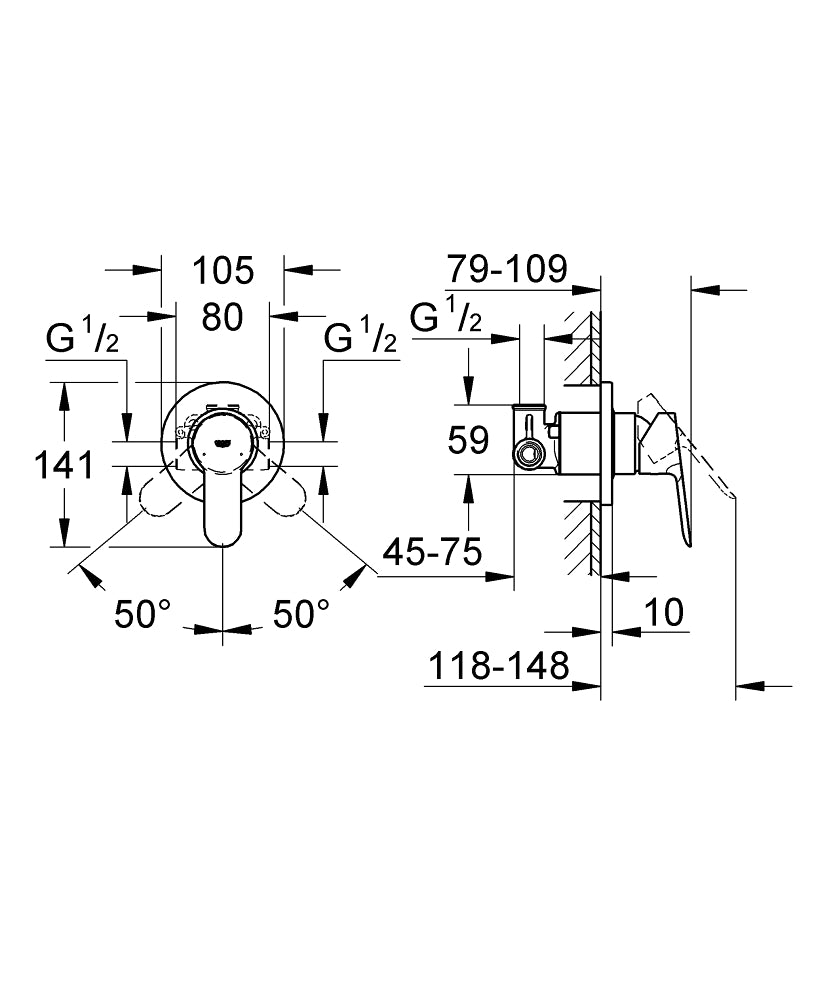 Grohe BauEdge Ankastre Duş Bataryası - 29040000 teknik çizim