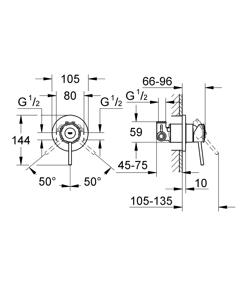 Grohe BauClassic Ankastre Duş Bataryası - 29048000 teknik çizim