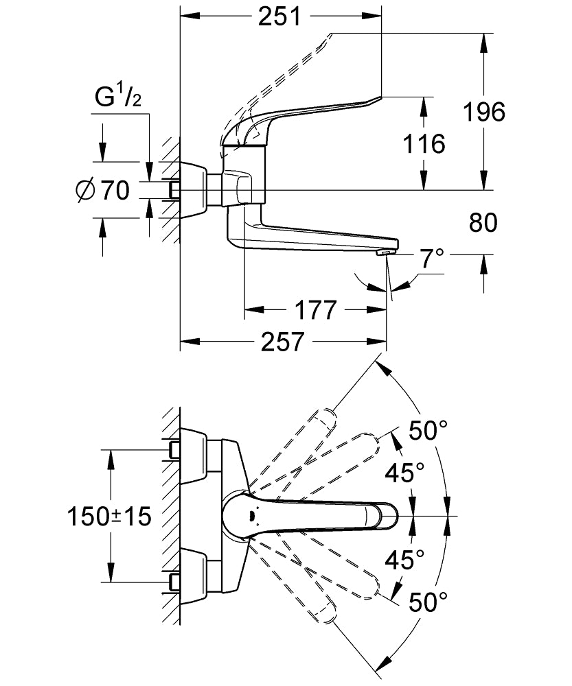Grohe Lavabo Bataryası Engelli Lavabo İçin Euroeco Krom- 32773000 teknik çizim