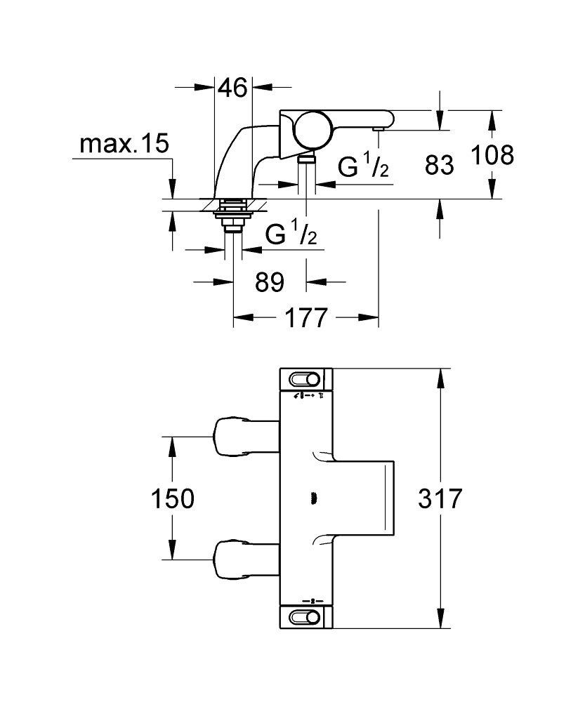 Grohtherm 2000 NEW Termostatik Küvet Bataryası - 34176001 teknik çizim