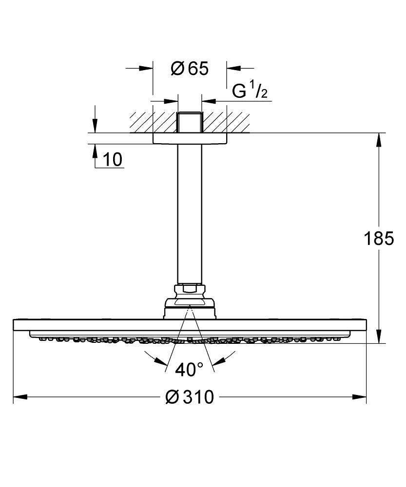 Grohe Rainshower Cosmopolitan Tepe Duşu 30 cm Warm Sunset - 26067DA0 teknik çizim