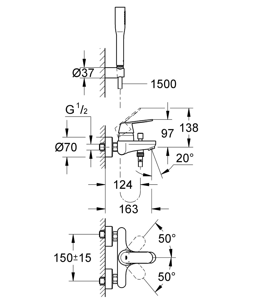 Grohe Eurosmart Cosmopolitan Banyo Bataryası El Duş Setli - 32832000 teknik çizim