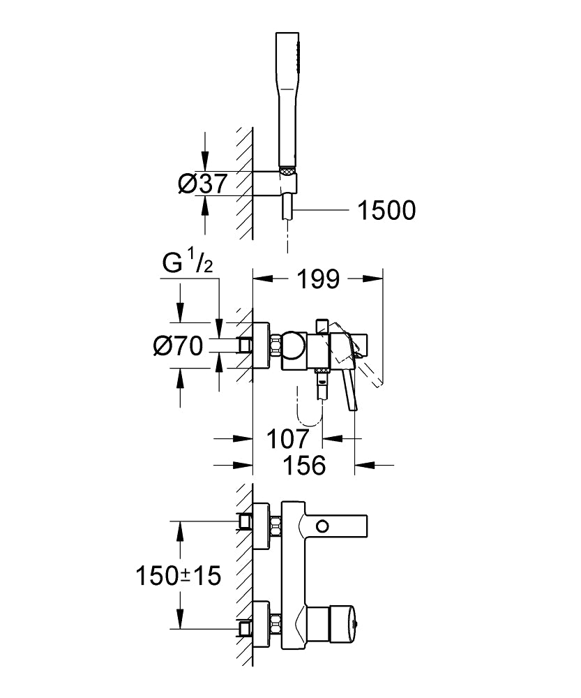 Grohe Concetto Banyo Bataryası El Duş Setli - 32212001 teknik çizim