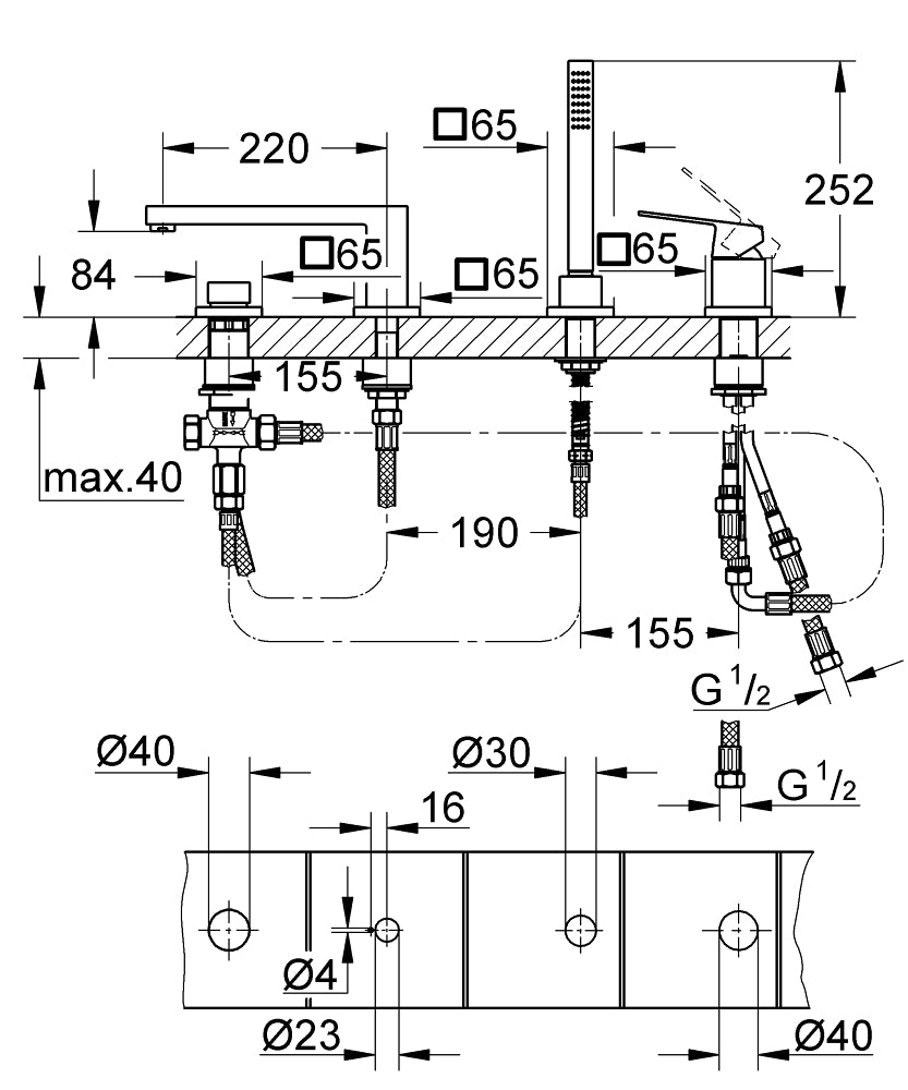 Grohe Eurocube  4 Delikli küvet bataryası- 19897001 teknik çizim