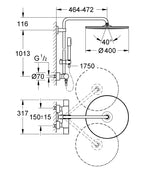 Grohe Rainshower System 400 Duvara Monte Termostatik Bataryalı Duş Sistemi 27174001 teknik çizim