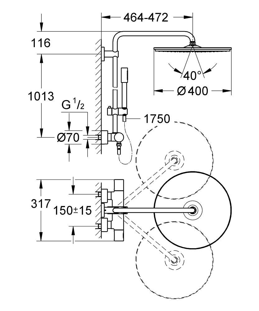 Grohe Rainshower System 400 Duvara Monte Termostatik Bataryalı Duş Sistemi 27174001 teknik çizim
