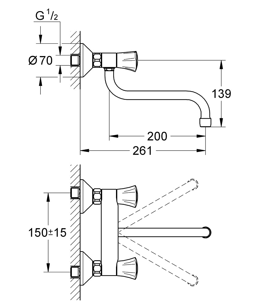 Grohe Costa LDuvar bataryası, 1/2" teknik çizim