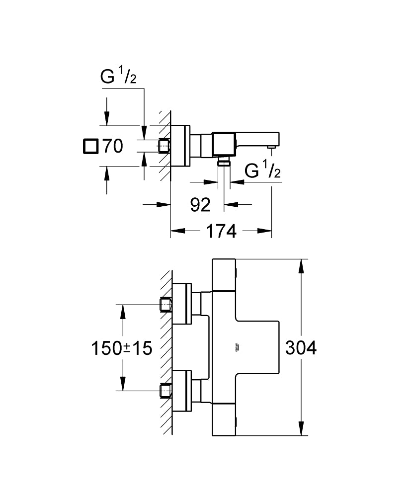 Grohe Grohtherm Cube Termostatik Banyo Bataryası - 34497000 teknik çizim