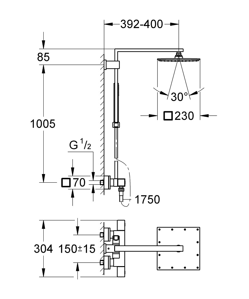 Grohe Euphoria Cube Sistem 230 Duvara Monte Termostatik Duş Bataryalı Duş Sistemi - 26087000 teknik çizim