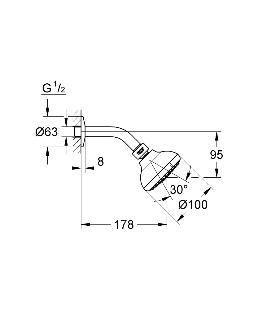 Grohe Tempesta 100 Tepe Duşu Seti 3 Akışlı - 26088001 teknik çizim